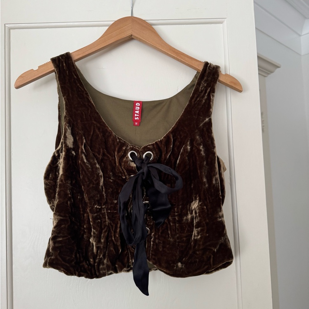Olive green crinkle velvet lace up top by STAUD